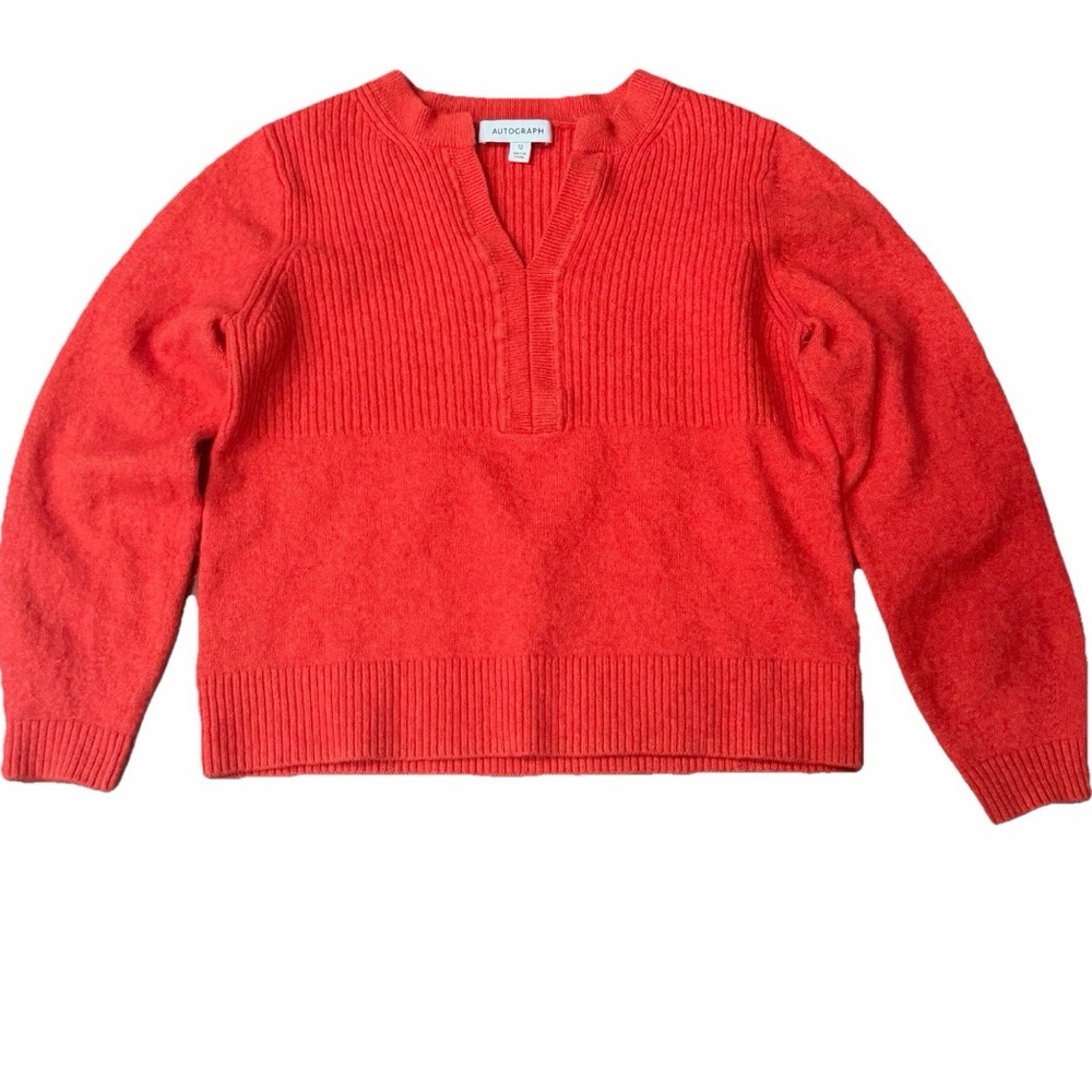 Marks & Spencer X Autograph Women 35” Bright Orange V-Neck Ribbed Sweater Wool